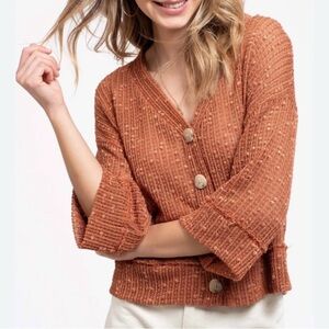 Blu Pepper Pulled Thread V-Neck Terracotta Cardigan Sweater, Womens size Medium